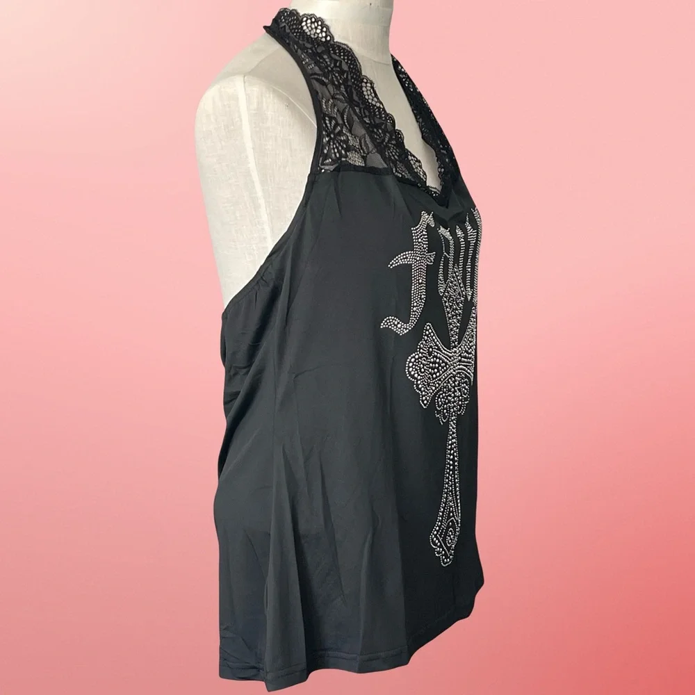 WBQ Black Stretchy Lace Halter Rhinestone Cross Gothic Sleeveless Top SzXXL - Picture 3 of 12